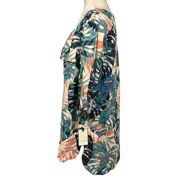 Dana Buchman Linen Blend Tropical Palm 3/4 Sleeve Zip Front Blouse - Picture 3 of 7
